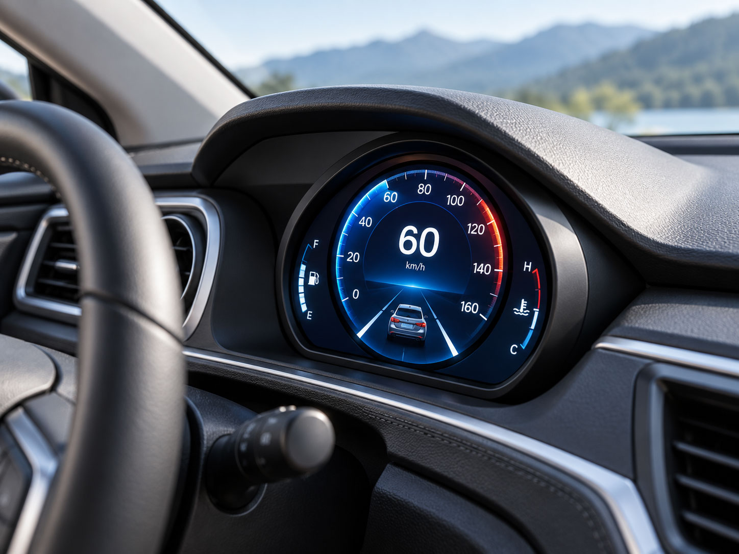 IPS TFT display used in a vehicle instrument cluster, viewed from the passenger side