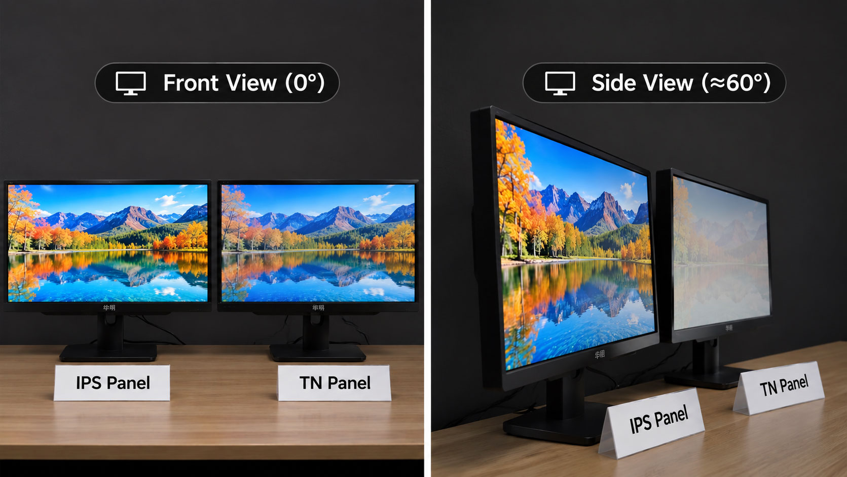 IPS display and TN display viewed from a steep side angle showing the IPS panel’s stable color